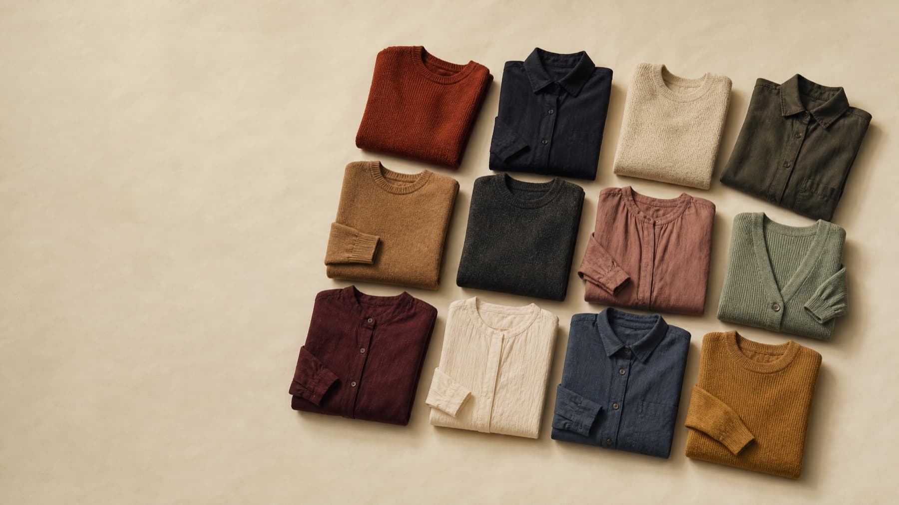 Twelve folded garments laid out in a loose grid on a pale paper surface