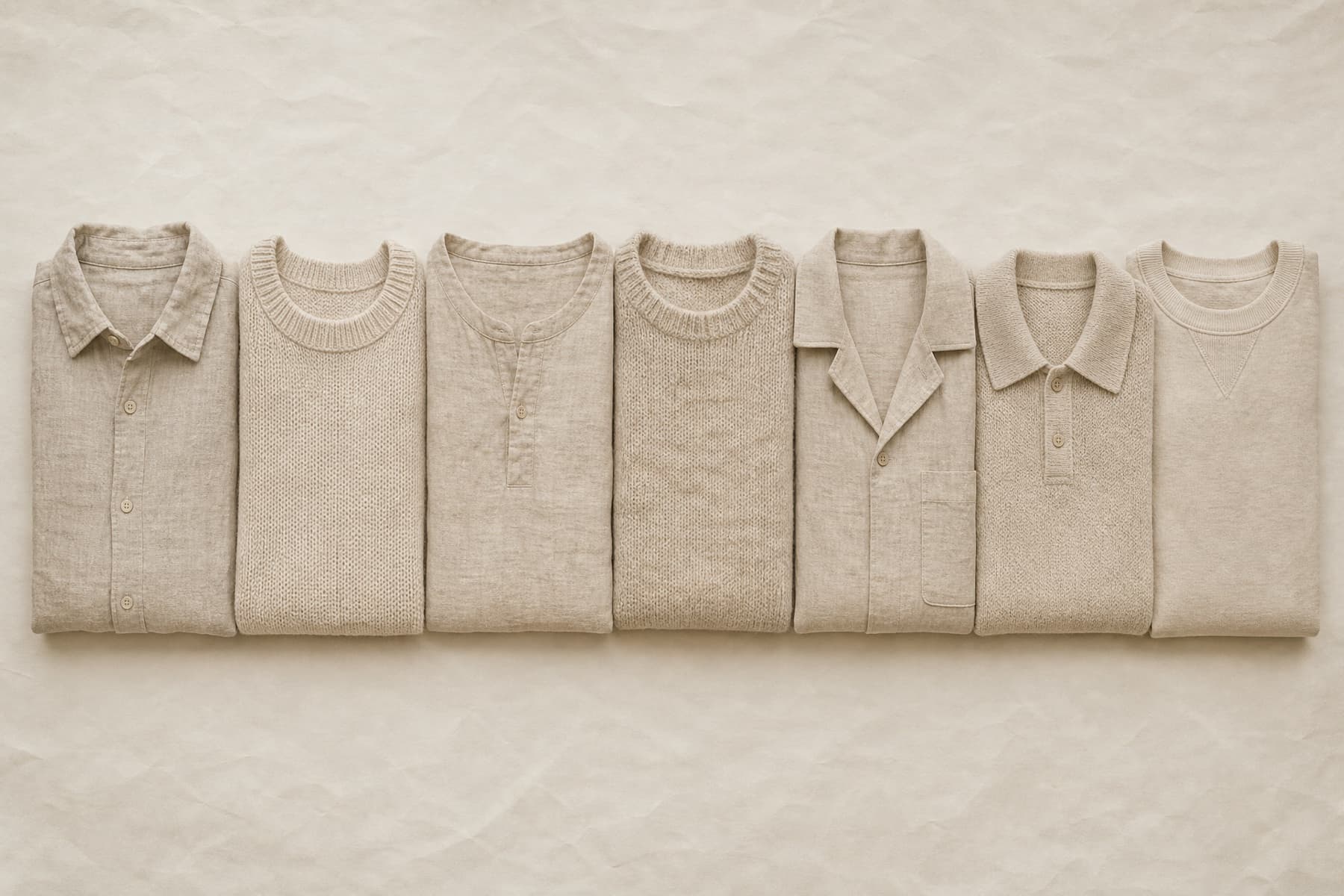 Seven folded garments in almost the same sand tone laid out in a row