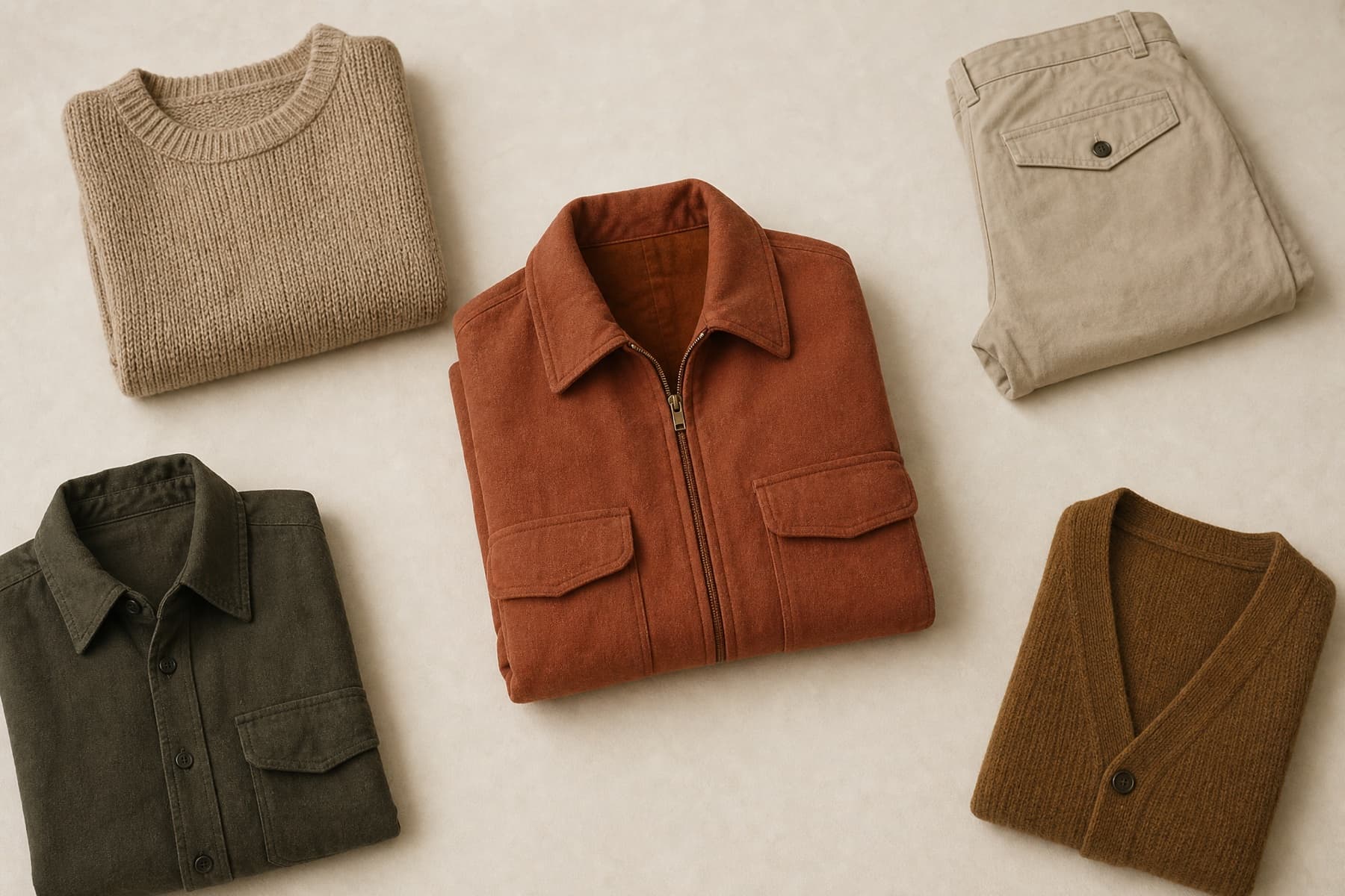 Five folded garments arranged at varying distances around one central rust jacket