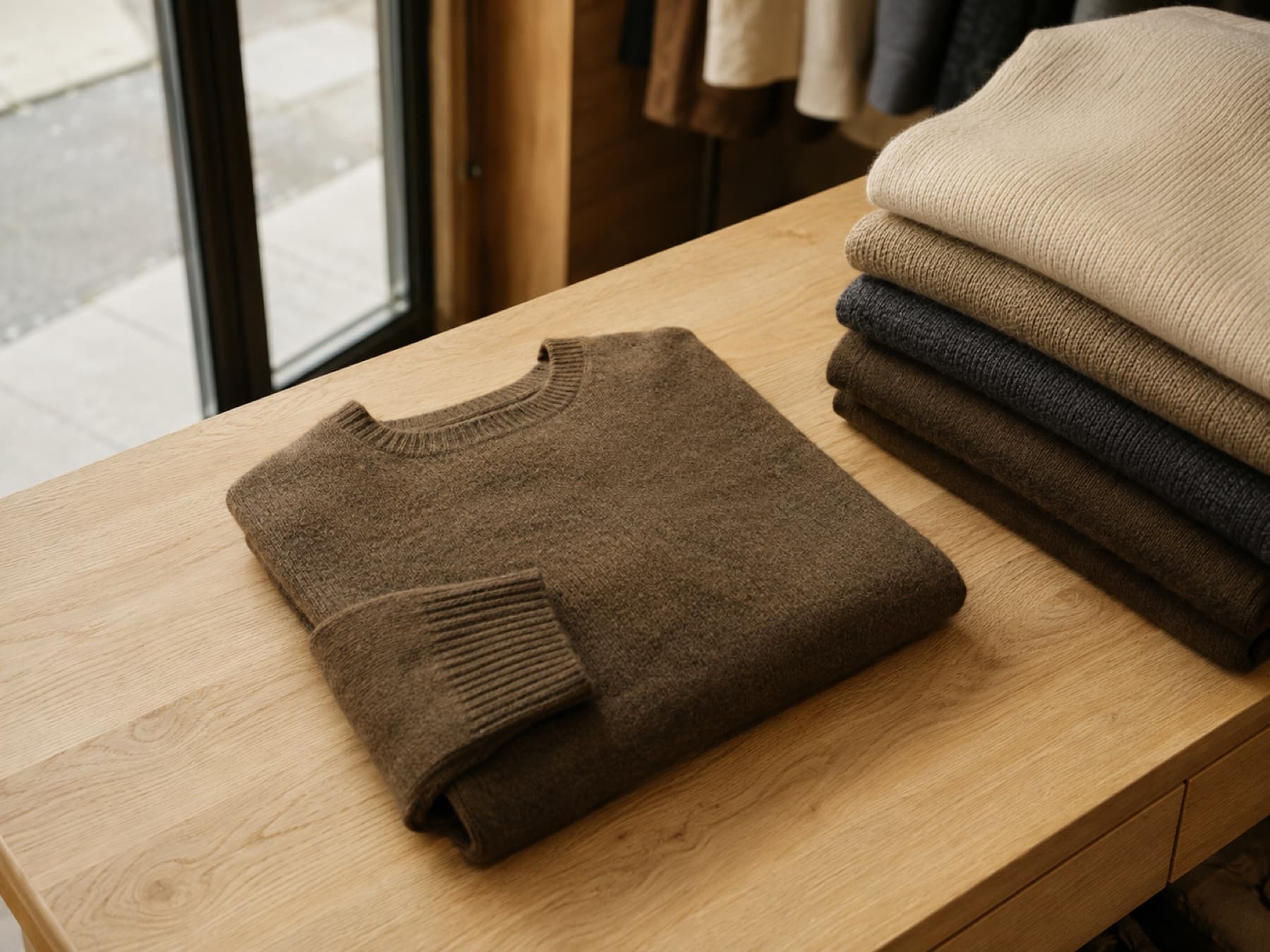 A folded knitted garment resting on a pale wooden shop counter beside a stack of folded knitwear