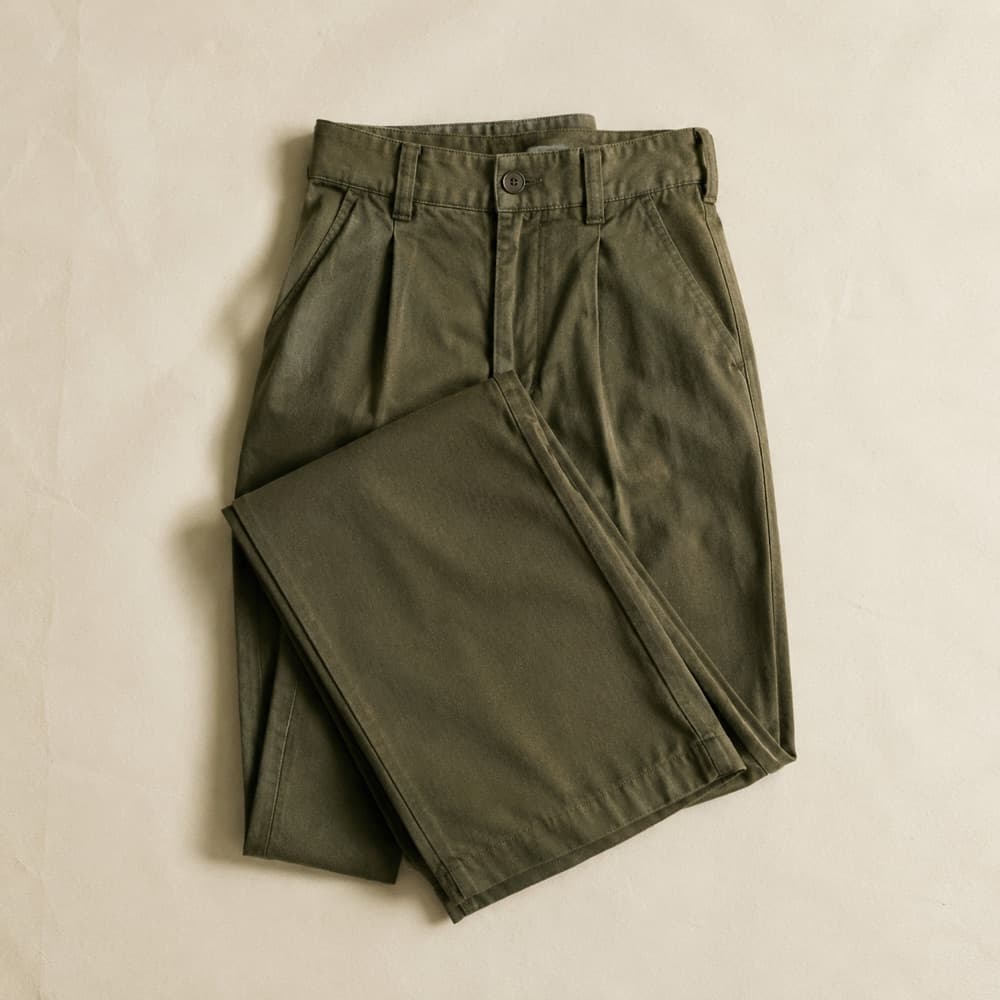 the olive trousers, photographed lying flat