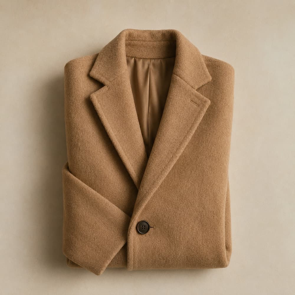 the camel coat, photographed lying flat