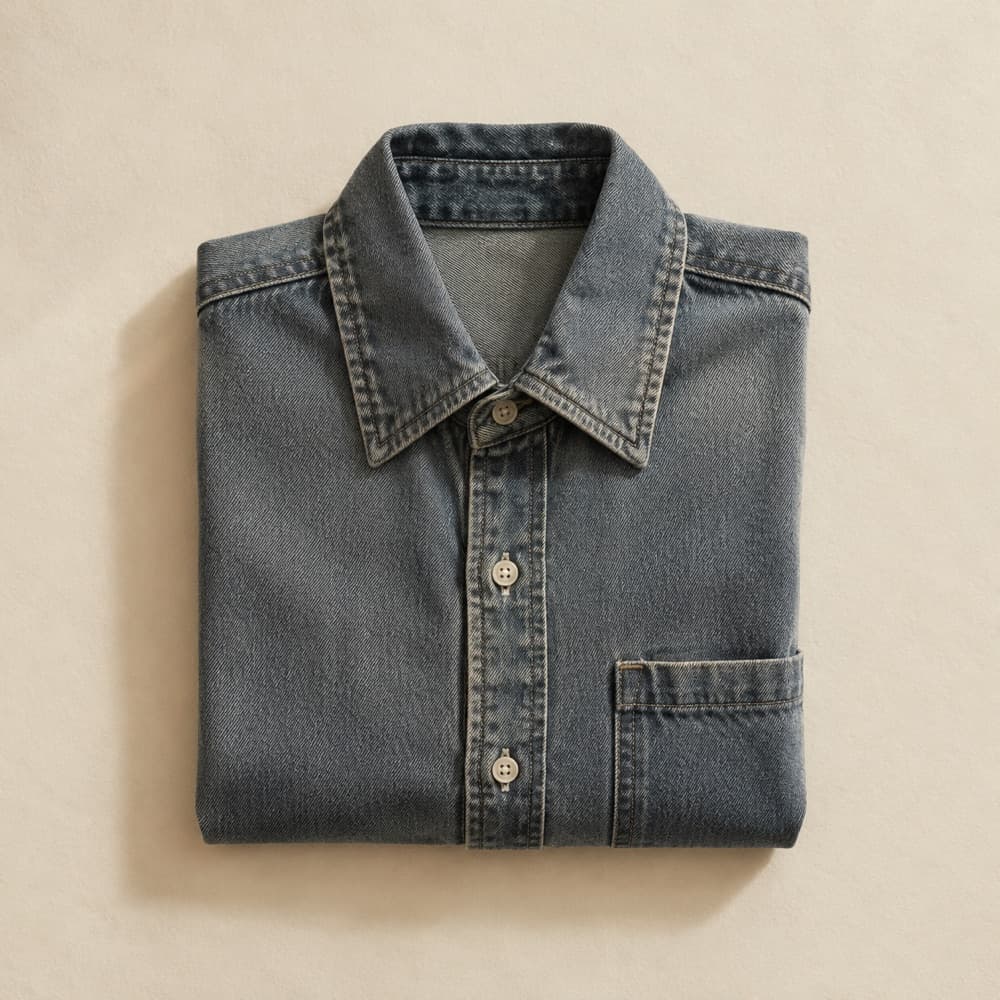 the slate denim shirt, photographed lying flat
